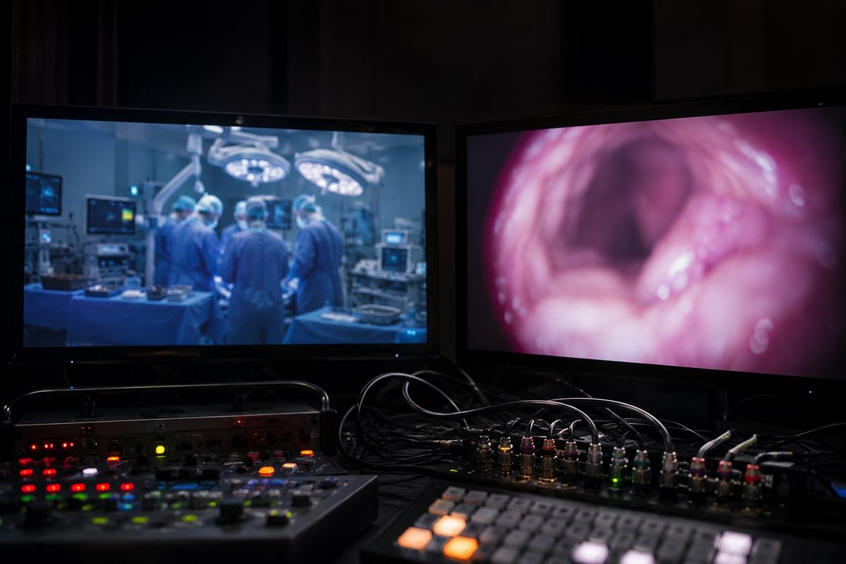 Régie affichant côte à côte la vue caméra du bloc opératoire et le signal d'endoscopie