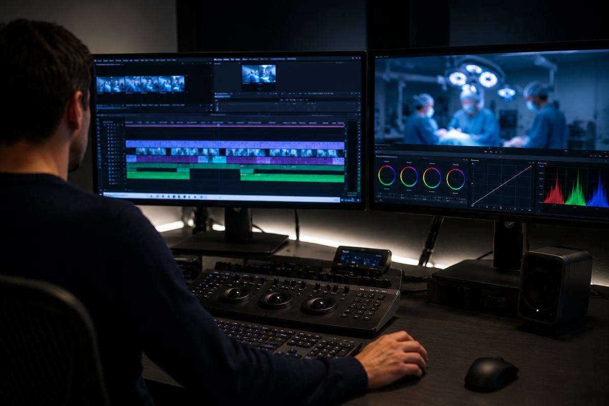 Station de montage vidéo avec timeline et image d'une salle d'opération en étalonnage